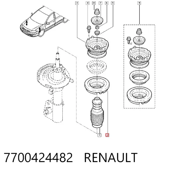 Aislador de resorte delantero superior 7700424482 Renault (RVI)