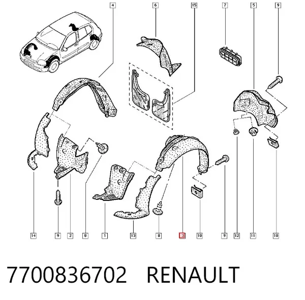 Paso de rueda delantero izquierdo trasero 7700836702 Renault (RVI)