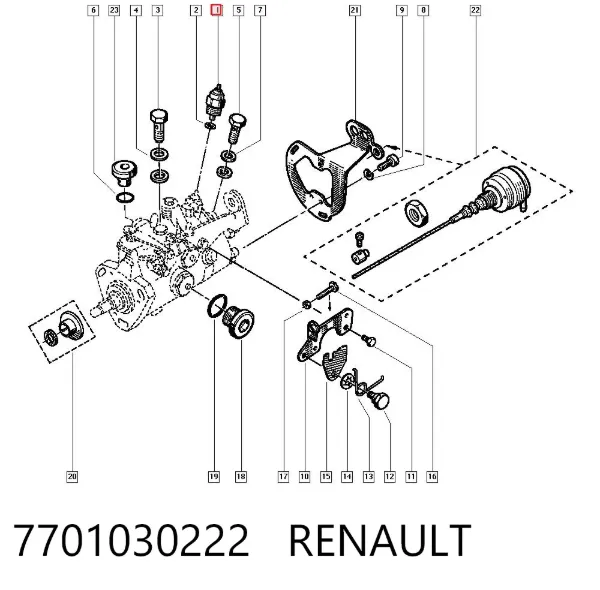 Válvula de corte de combustible de la bomba de inyección 7701030222 Renault (RVI)