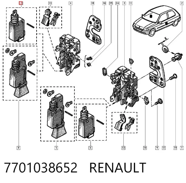 Motor de apertura/cierre de cerradura de puerta delantera 7701038652 Renault (RVI)