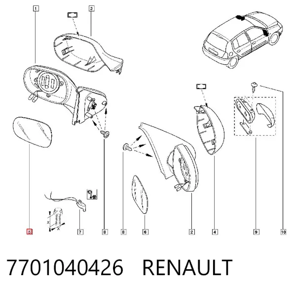 Cristal de espejo retrovisor exterior izquierdo 7701040426 Renault (RVI)