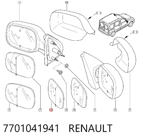 Cristal de espejo retrovisor derecho 7701041941 Renault (RVI)