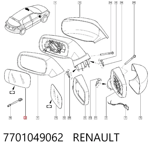 Cristal de espejo retrovisor exterior izquierdo 7701049062 Renault (RVI)