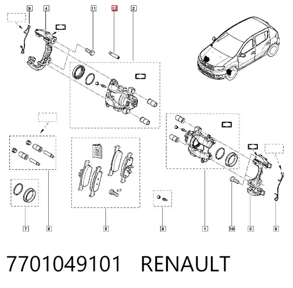 Pasador guía de la pinza de freno trasera 7701049101 Renault (RVI)