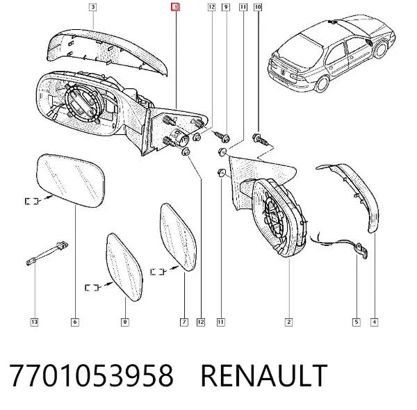 Espejo de retrovisor izquierdo 7701053958 Renault (RVI)