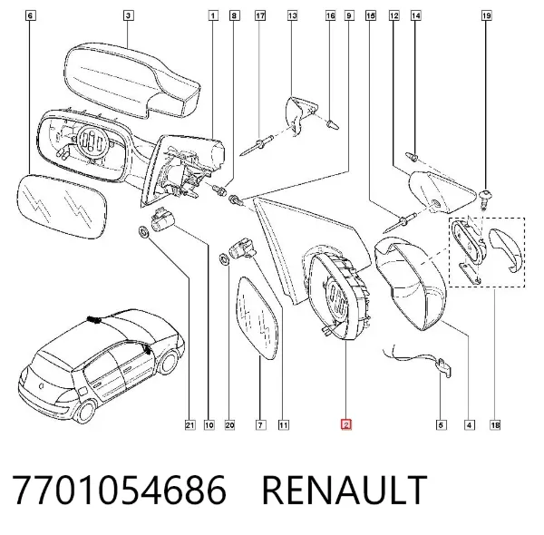 Espejo de retrovisor derecho 7701054686 Renault (RVI)