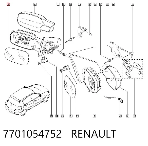 Cristal de espejo retrovisor exterior izquierdo 7701054752 Renault (RVI)