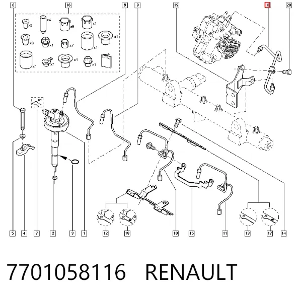 Tubo de combustible de la bomba de alta presión al riel de combustible 7701058116 Renault (RVI)