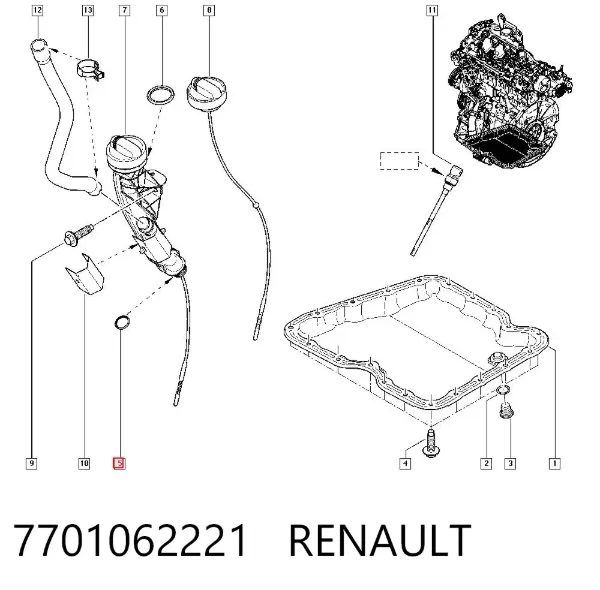 Anillo de sellado de la guía de la varilla de nivel de aceite del motor 7701062221 Renault (RVI)
