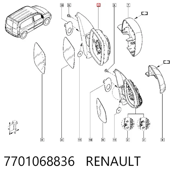 Espejo de retrovisor derecho 7701068836 Renault (RVI)
