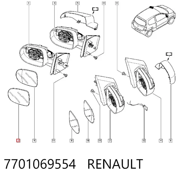 Cristal de espejo retrovisor 7701069554 Renault (RVI)