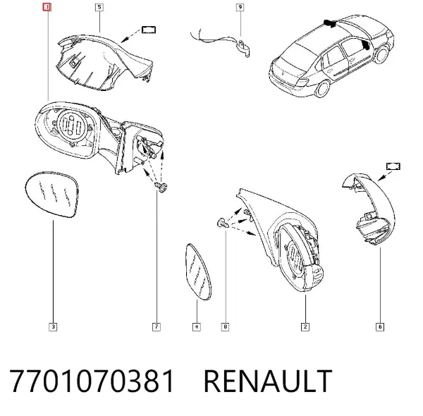 Espejo de retrovisor izquierdo 7701070381 Renault (RVI)