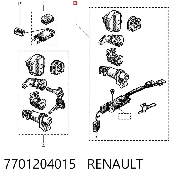 Juego de cerradura de puertas y encendido con llaves 7701204015 Renault (RVI)