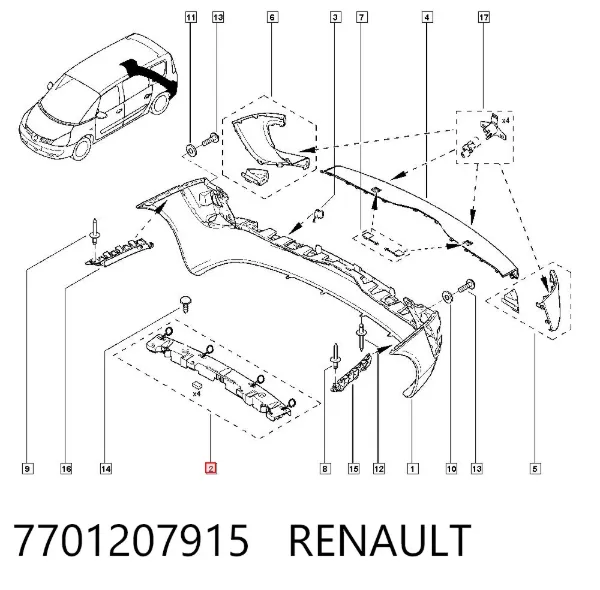 Soporte central del parachoques trasero 7701207915 Renault (RVI)