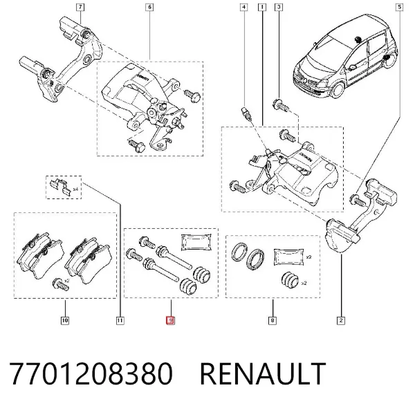 Kit de reparación de pinzas de freno trasero 7701208380 Renault (RVI)