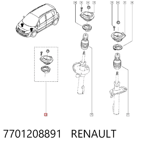 Soporte del amortiguador delantero 7701208891 Renault (RVI)