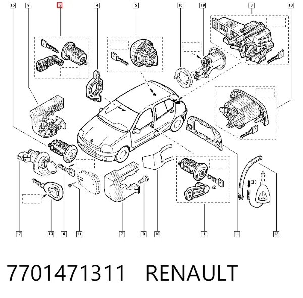 Bombín de cerradura de puerta delantera 7701471311 Renault (RVI)