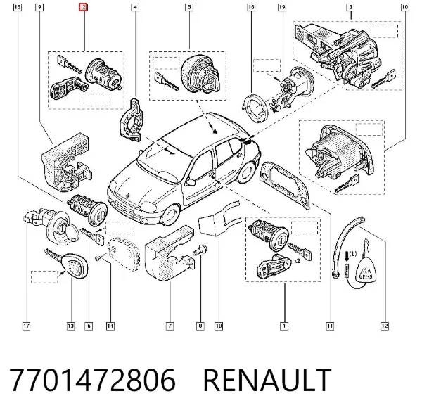 Bombín de cerradura de puerta delantera 7701472806 Renault (RVI)