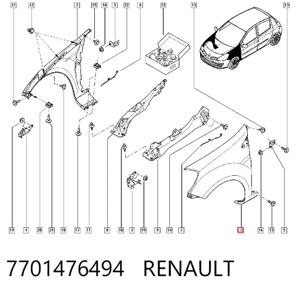 Aleta delantera izquierda 7701476494 Renault (RVI)