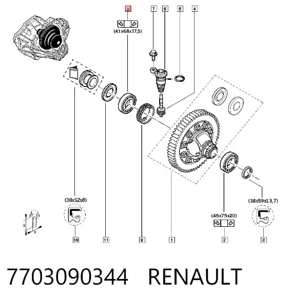 Cojinete del diferencial del eje delantero 7703090344 Renault (RVI)