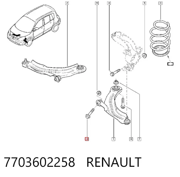 Perno de fijación del brazo oscilante delantero 7703602258 Renault (RVI)