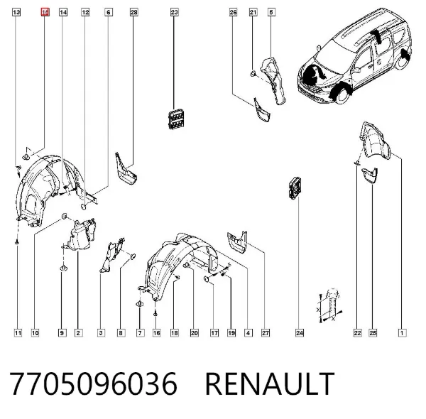 Clip de fijación del guardabarros delantero 7705096036 Renault (RVI)