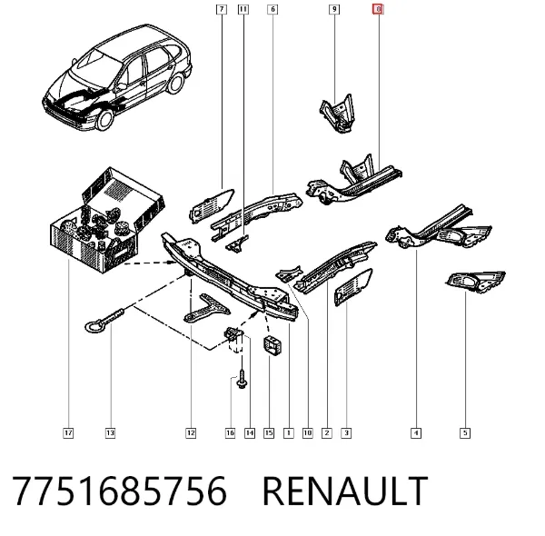 Larguero delantero derecho del bastidor 7751685756 Renault (RVI)