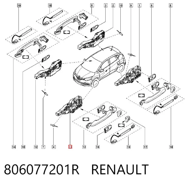 Soporte de manija exterior de puertas izquierdas 806077201R Renault (RVI)
