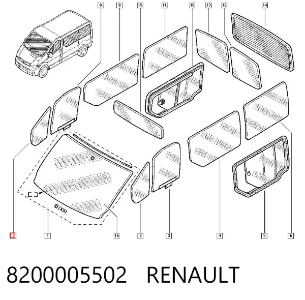 Cristal de ventanilla fija de puerta delantera derecha 8200005502 Renault (RVI)
