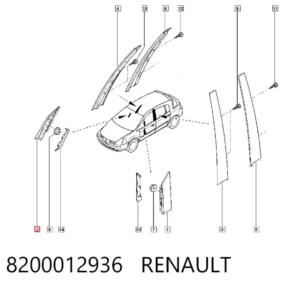 Moldura vertical de puerta delantera derecha 8200012936 Renault (RVI)