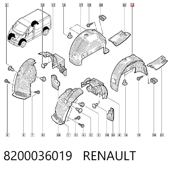 Guardabarros interior izquierdo trasero 8200036019 Renault (RVI)
