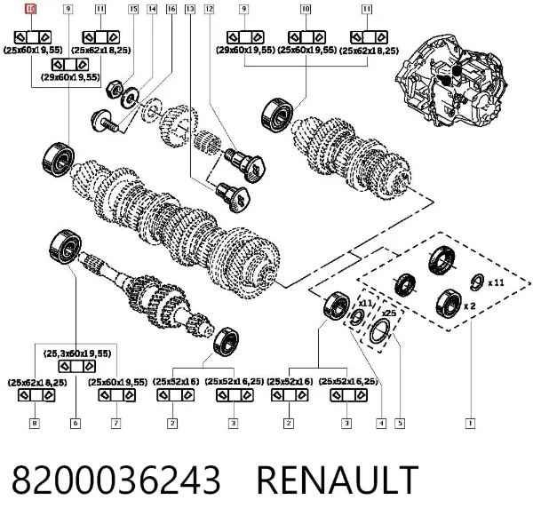 Rodamiento caja de cambios 8200036243 Renault (RVI)