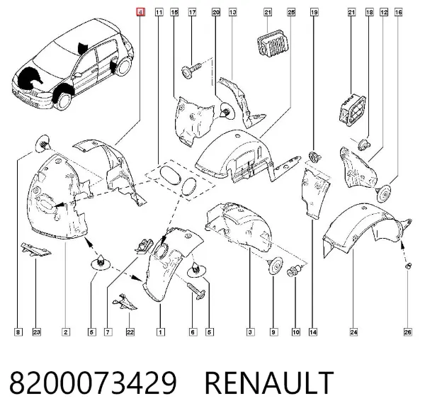 Guardabarros interior trasero derecho del guardafango delantero 8200073429 Renault (RVI)