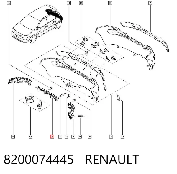 Soporte central del parachoques trasero 8200074445 Renault (RVI)