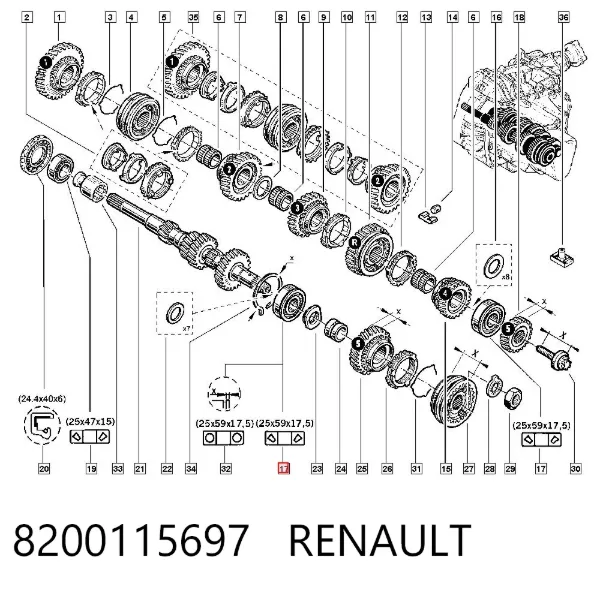 Cojinete del eje secundario de la caja de cambios 8200115697 Renault (RVI)