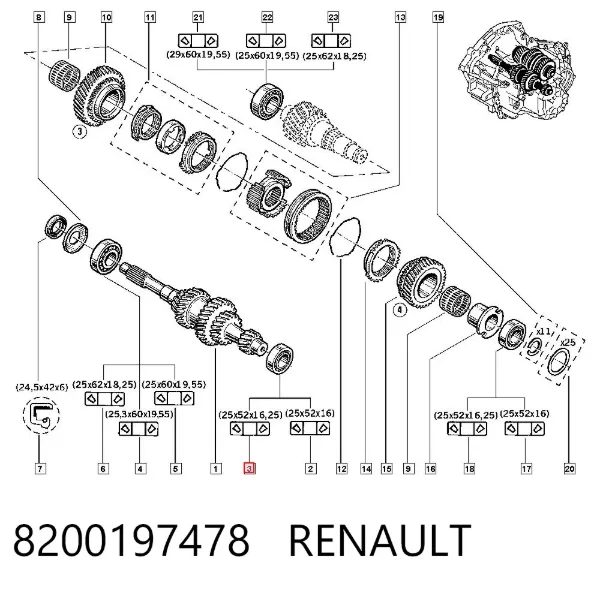 Rodamiento caja de cambios 8200197478 Renault (RVI)