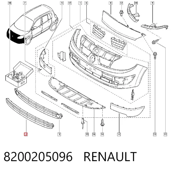 Rejilla central del parachoques delantero 8200205096 Renault (RVI)