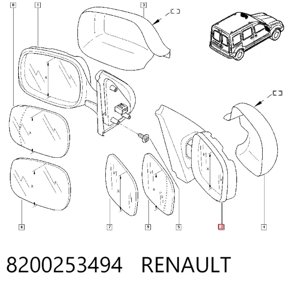 Espejo de retrovisor derecho 8200253494 Renault (RVI)