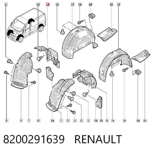 Guardabarros interior trasero derecho del guardafango delantero 8200291639 Renault (RVI)