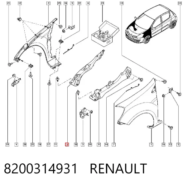 Soporte superior del guardabarros delantero derecho 8200314931 Renault (RVI)