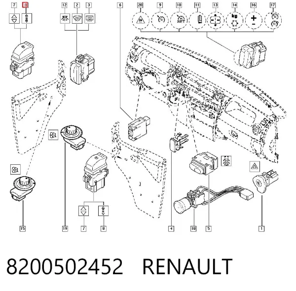 Botón de encendido del motor del elevalunas delantero izquierdo 8200502452 Renault (RVI)