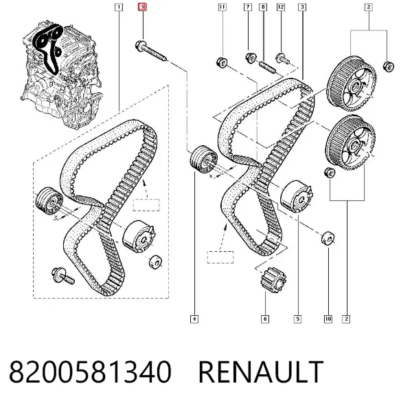 Perno del rodillo tensor de la correa de distribución 8200581340 Renault (RVI)