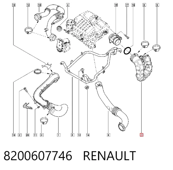 Conducto de aire, salida del filtro de aire 8200607746 Renault (RVI)