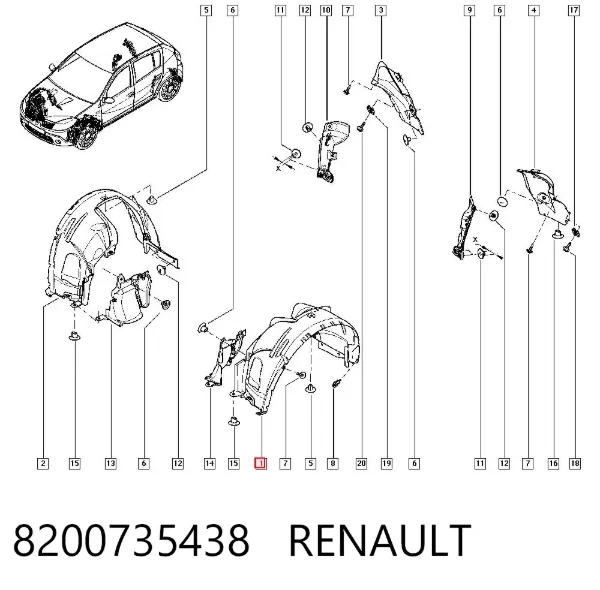 Guardalodos interior izquierdo, guardafango delantero 8200735438 Renault (RVI)