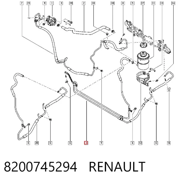Manguera de baja presión de dirección asistida, de la cremallera al depósito 8200745294 Renault (RVI)
