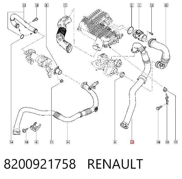 Tubo de salida de aire del turbocompresor 8200921758 Renault (RVI)
