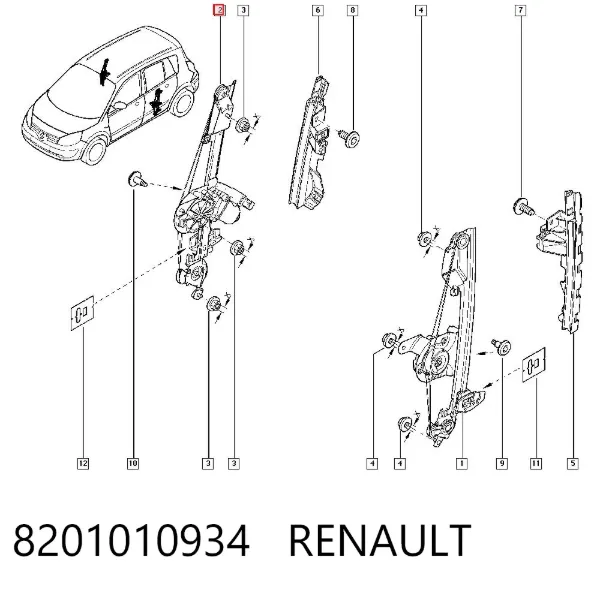 Mecanismo de elevalunas de la puerta trasera derecha 8201010934 Renault (RVI)