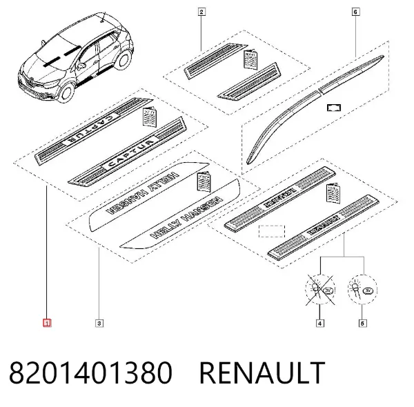 Juego de molduras interiores de umbral de puerta, 4 piezas 8201401380 Renault (RVI)