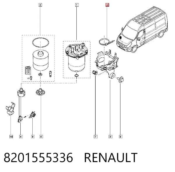 Abrazadera de la carcasa del filtro de combustible 8201555336 Renault (RVI)