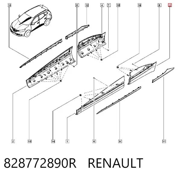 Moldura inferior de puerta trasera izquierda 828772890R Renault (RVI)